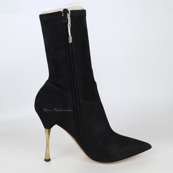 NEW Valentino Garavani Stretch Suede Sock Stiletto Boot Gold Heel | Runway Sleek - Picture 3 of 16
